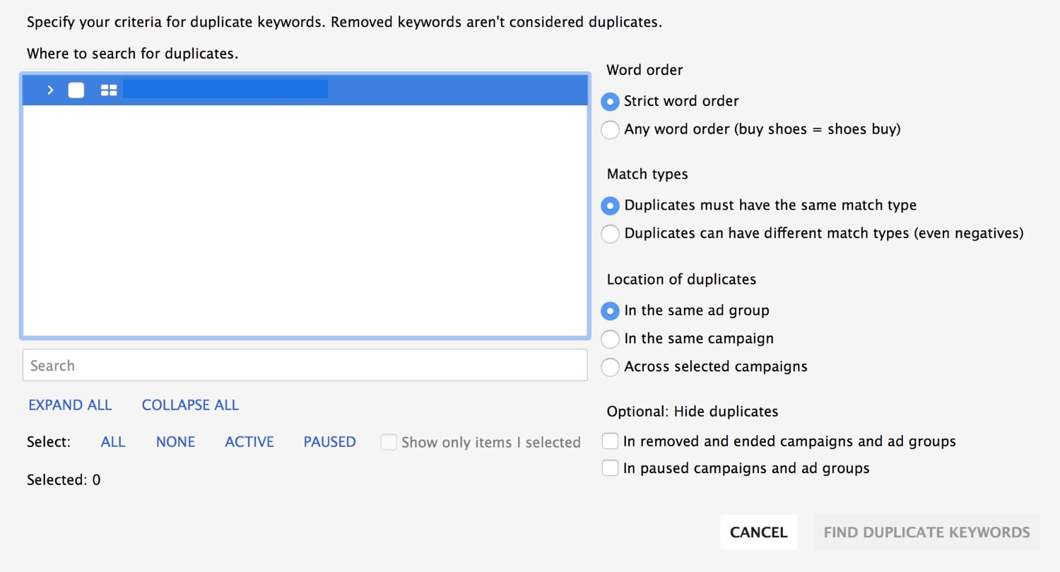 Duplicate Keyword Tool in Google Adwords Editor