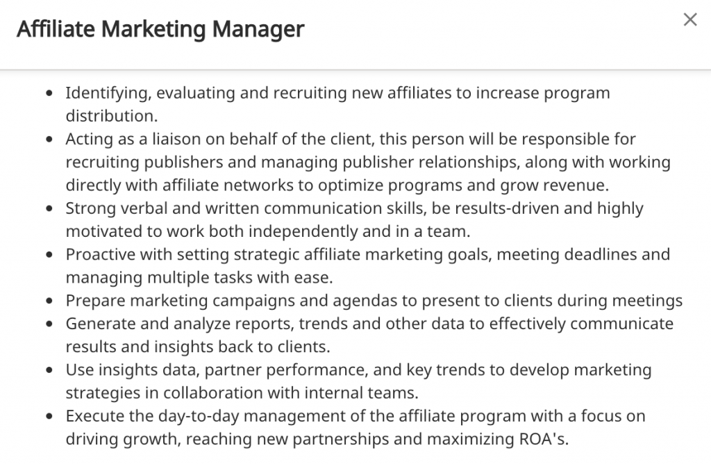 Affiliate Marketing Manager Job Requirements