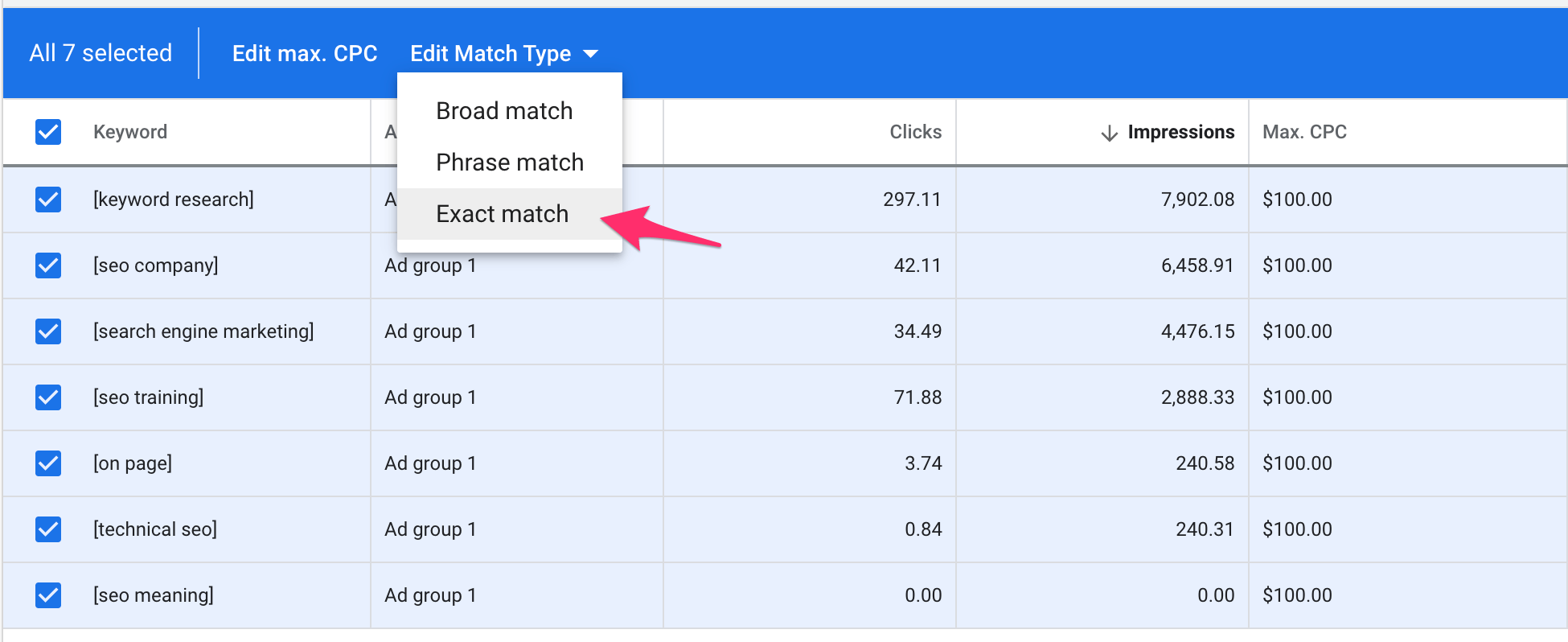 Set Keywords to Exact Match Type