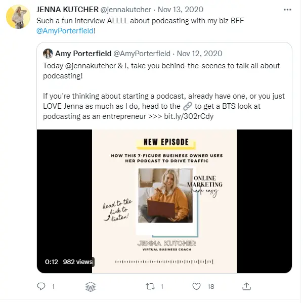 Jenna Kutcher’s podcast post on Twitter.