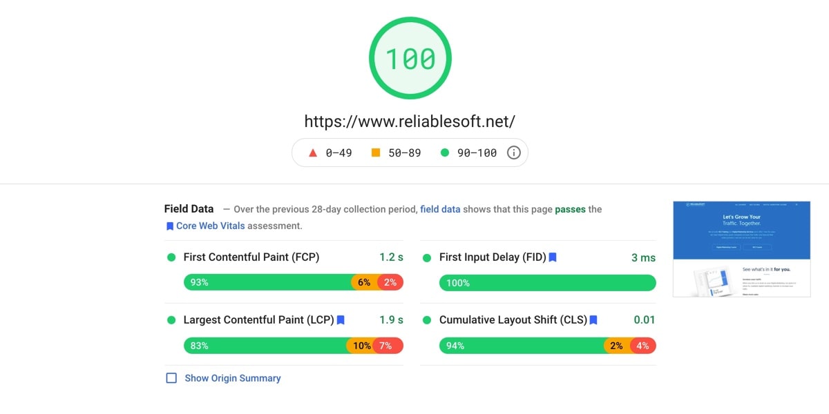 Reliablesoft Core Web Vitals Score
