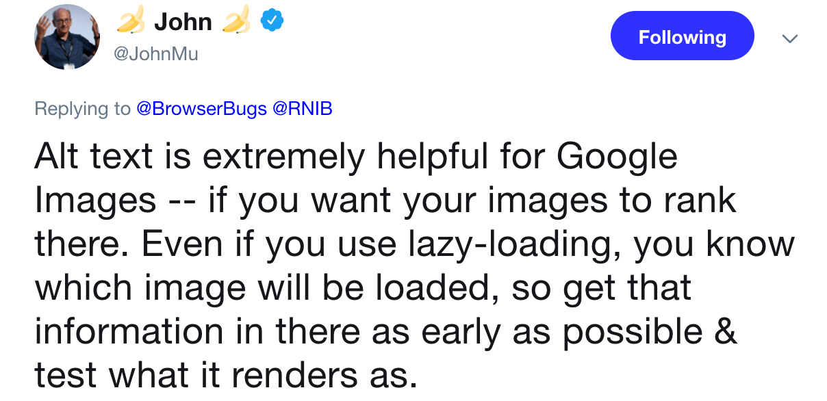 Tweet on how alt text helps lazy loading and SEO