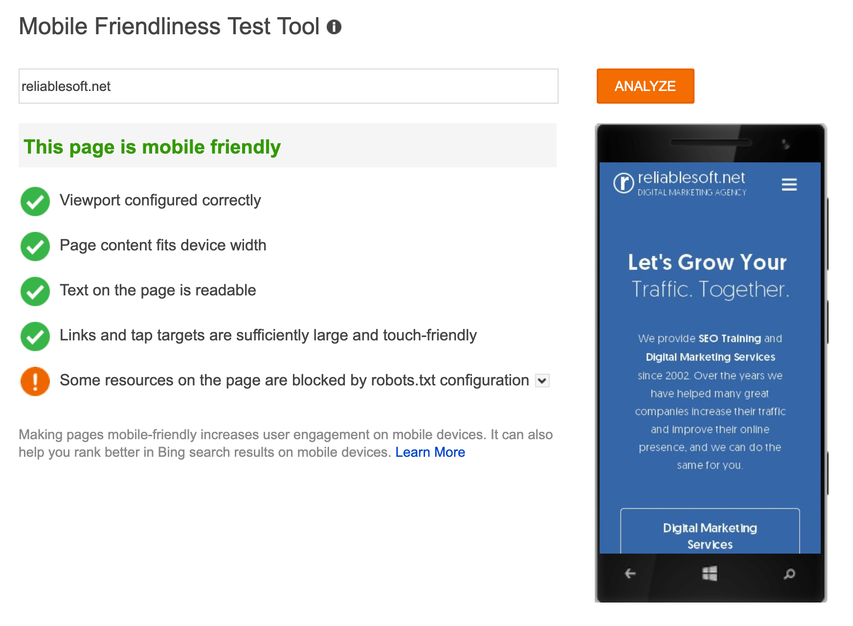Bing Mobile Friendly Test Tool