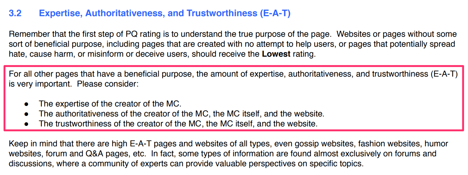 Importance of Expertise, Authority and Trustworthiness for Rankings.