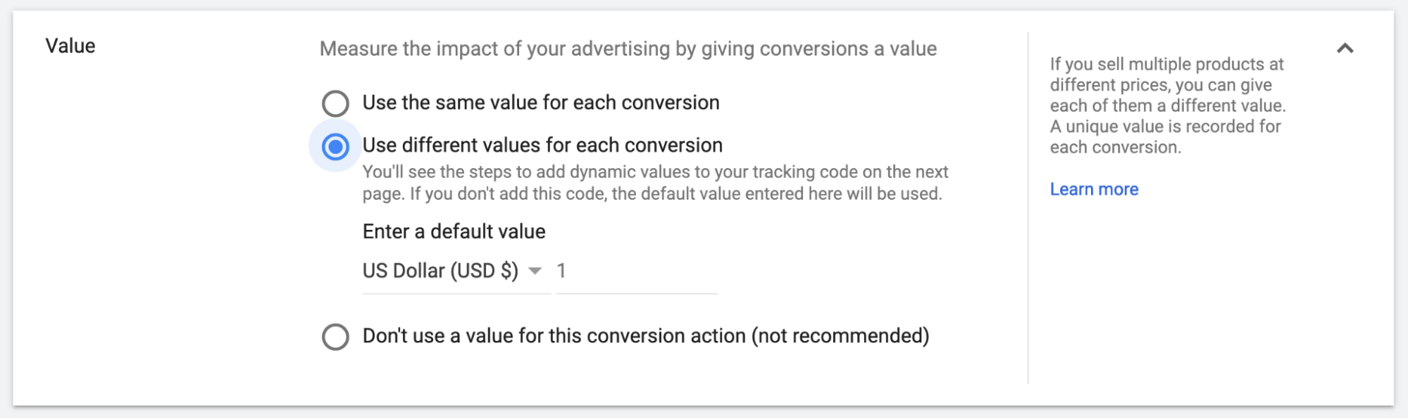 Google Ads Conversion Value Options