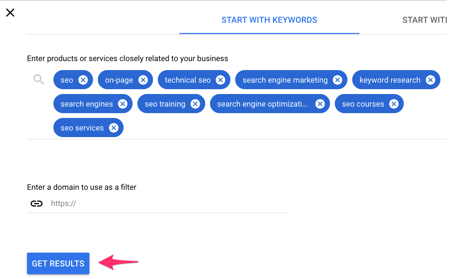 "Start with Keywords" tool.